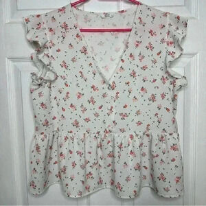 Ardene  Peplum Top White/Pink/Red Floral Size Large